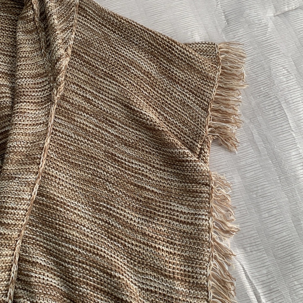 LINDA ANDERSON Women’s Tan/Ivory Fringe Sweater Knit Kimono‎ Oversized S-L - Picture 9 of 15